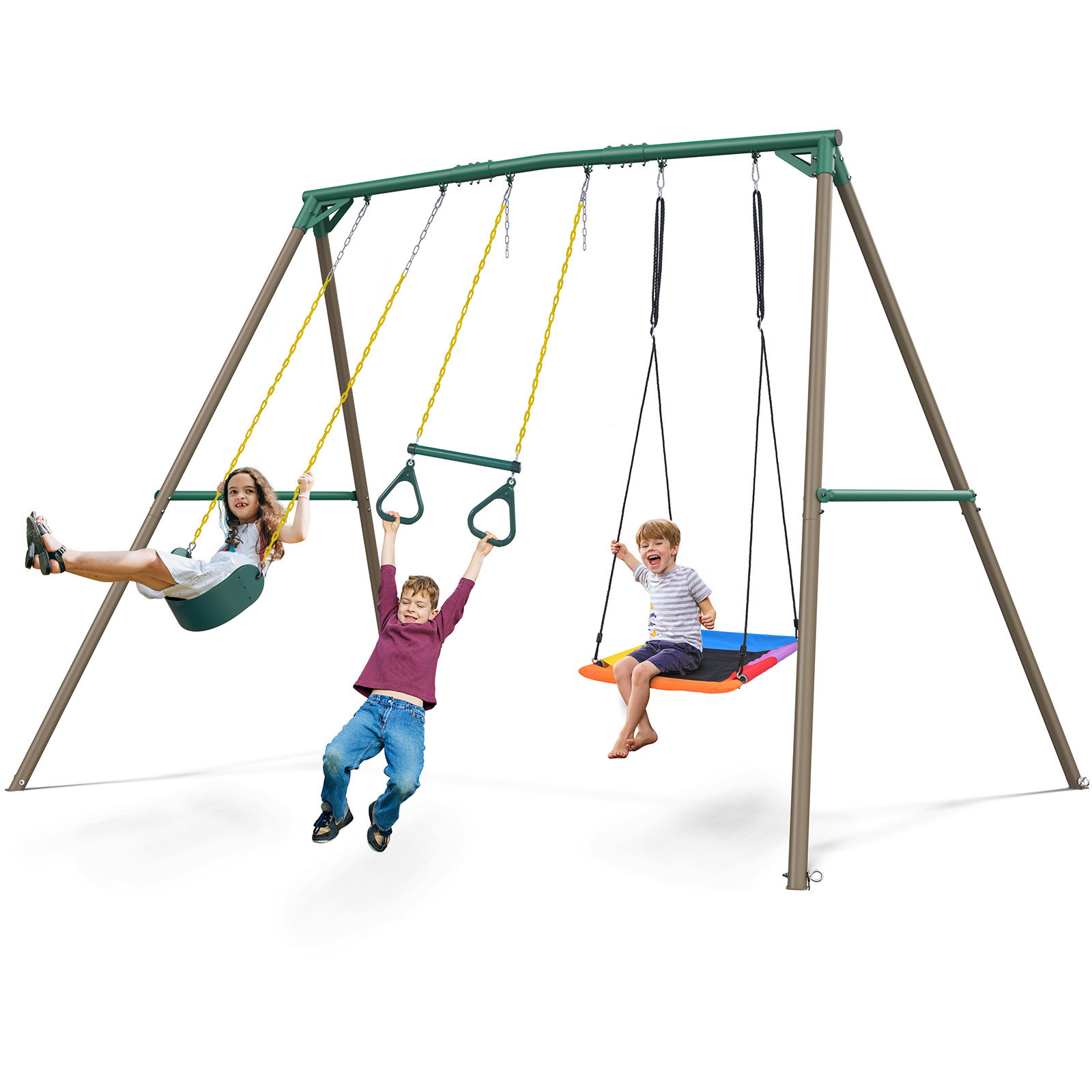 Klo Kick 9.5' Heavy Duty Metal Swing Set with Belt Swing, Trapeze